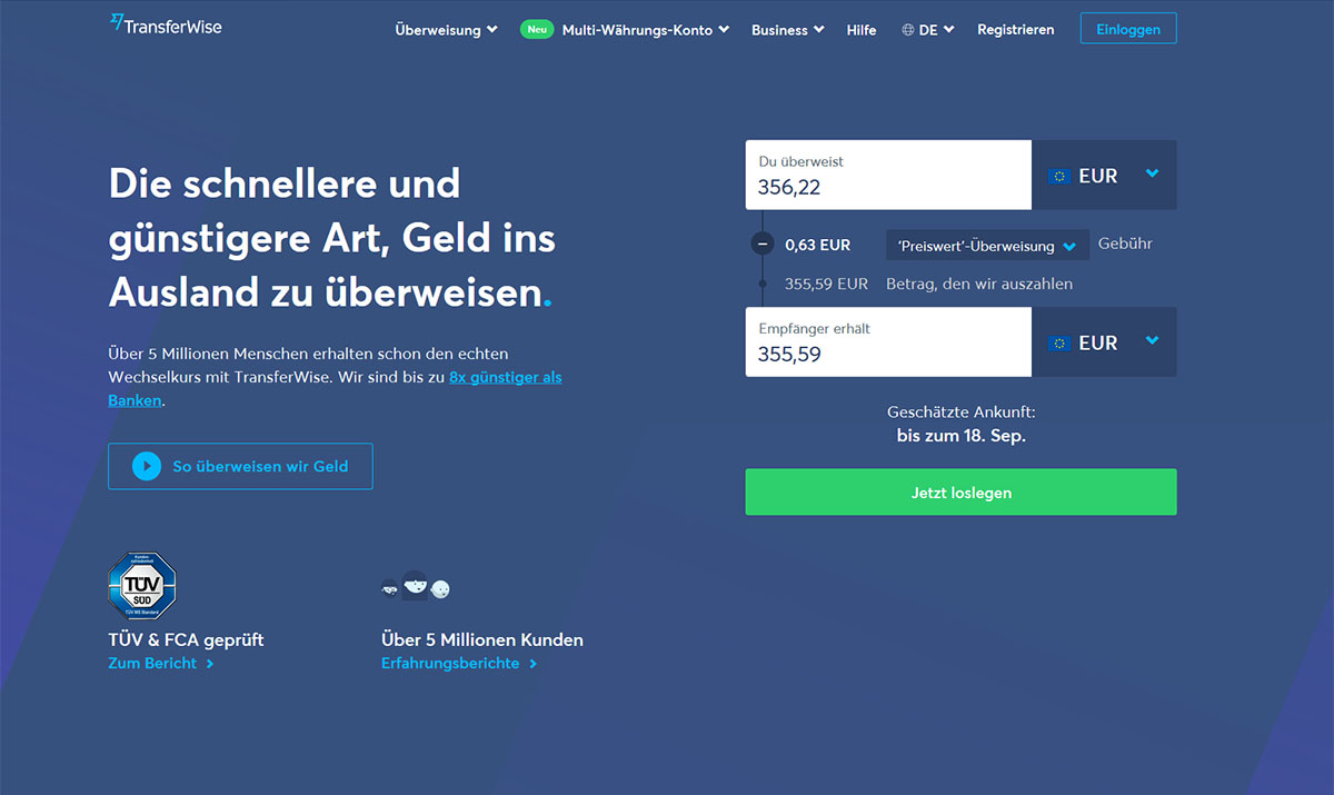 webseite von transferwise betrag eingeben